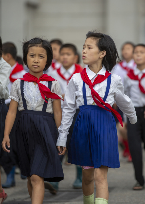 North Korean pioneers in the street, DGC, Pyongyang, North Korea