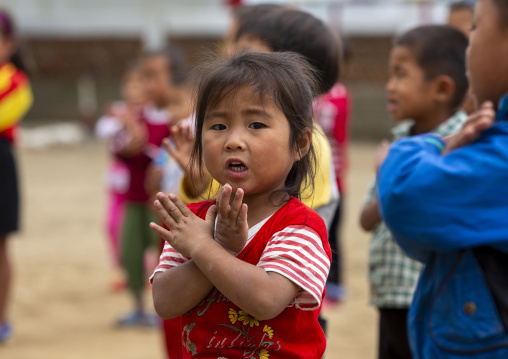 North Korean children making morning gymnastics at school, South Hamgyong, Hamhung, North Korea