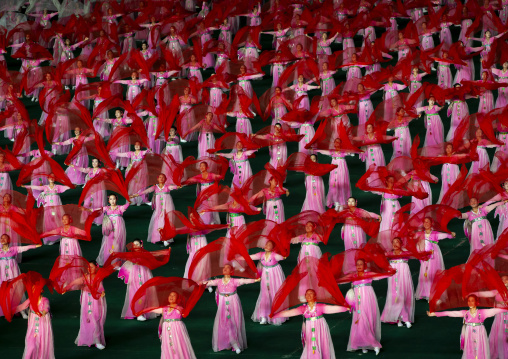 North Korean women dancing in choson-ot during the Arirang mass games, DGC, Pyongyang, North Korea