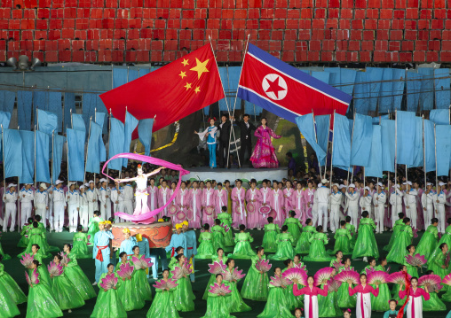 North Korean and chinese flags during the Arirang mass games, DGC, Pyongyang, North Korea