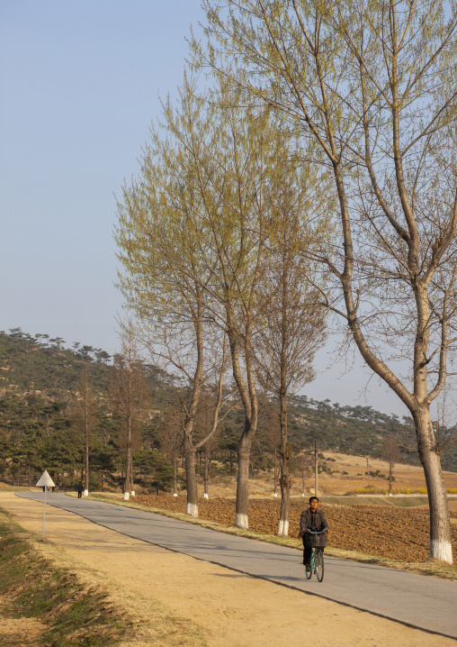 North Korean man riding a bicycle in the countryside, South Pyongan, Nampo, North Korea