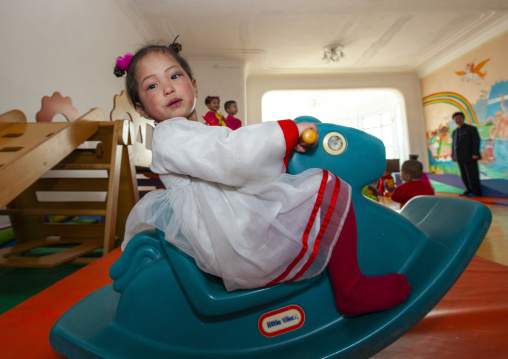 North Korean girl dressed in choson-ot in an orphanage, South Pyongan, Nampo, North Korea