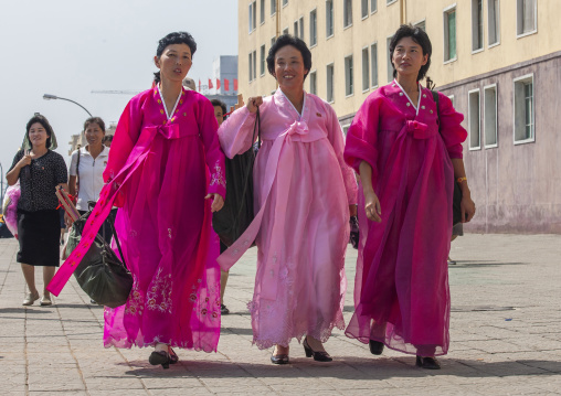 North Korean women with traditional clothing in the street, DGC, Pyongyang, North Korea