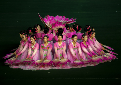 Women dancing in choson-ot during the Arirang mass games, DGC, Pyongyang, North Korea