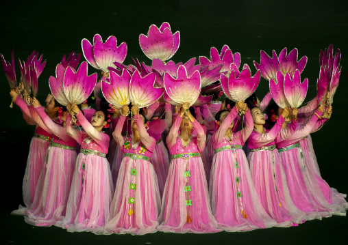 Women dancing in choson-ot during the Arirang mass games, DGC, Pyongyang, North Korea