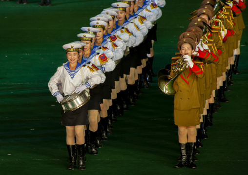 North Korean women dressed as sailors and soldiers during the Arirang, DGC, Pyongyang, North Korea