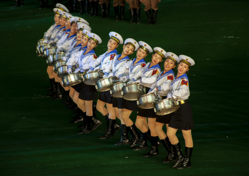 North Korean women dressed as sailors during the Arirang, DGC, Pyongyang, North Korea