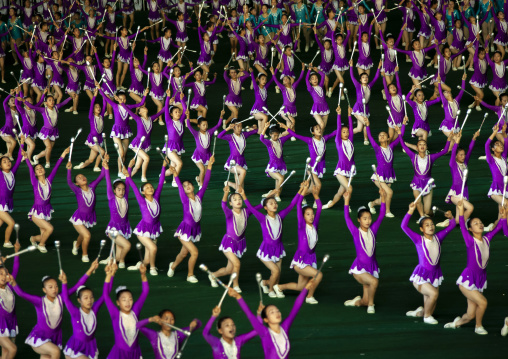 North Korean gymnasts performing during the Arirang mass games, DGC, Pyongyang, North Korea