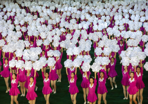North Korean gymnasts performing during the Arirang mass games, DGC, Pyongyang, North Korea