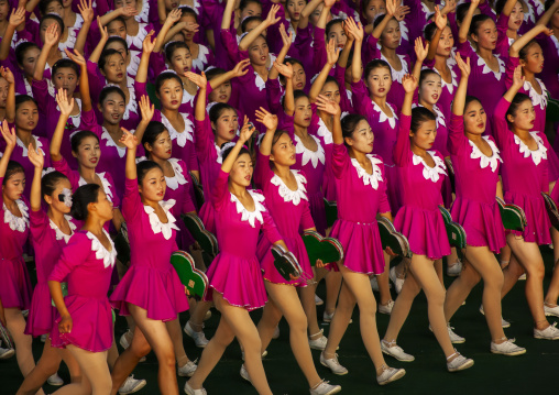 North Korean gymnasts performing during the Arirang mass games, DGC, Pyongyang, North Korea