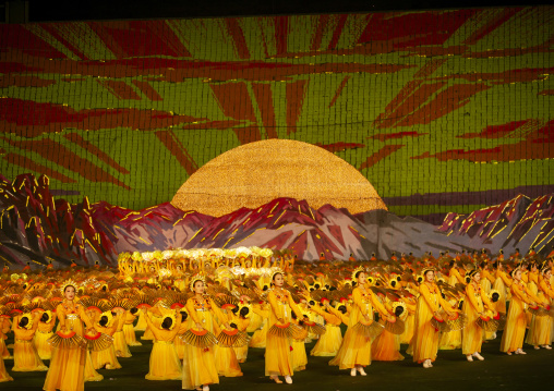 Women dancing in front of Mt Paektu during the Arirang mass games, DGC, Pyongyang, North Korea