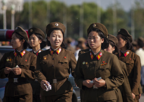 North Korean female soldiers in the street, DGC, Pyongyang, North Korea