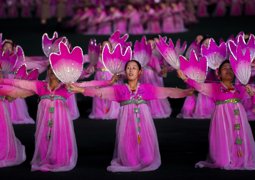 Women dancing in choson-ot during the Arirang mass games, DGC, Pyongyang, North Korea