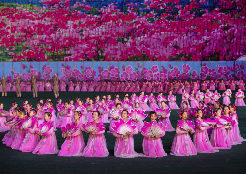 Women dancing in choson-ot during the Arirang mass games, DGC, Pyongyang, North Korea