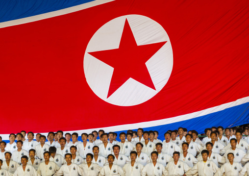 Taekwondo team in front of a giant flag during the Arirang mass games, DGC, Pyongyang, North Korea