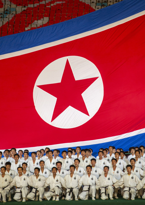 Taekwondo team in front of a giant flag during the Arirang mass games, DGC, Pyongyang, North Korea