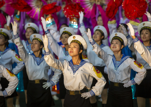 North Korean women dressed as sailors during the Arirang mass games, DGC, Pyongyang, North Korea