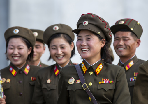 North Korean soldiers women smiling, DGC, Pyongyang, North Korea