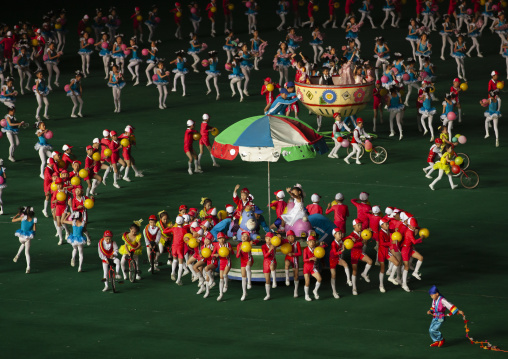 Children gymasts performing with balloons during Arirangs, DGC, Pyongyang, North Korea