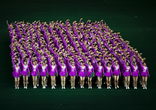 North Korean gymnasts performing during the Arirang mass games, DGC, Pyongyang, North Korea