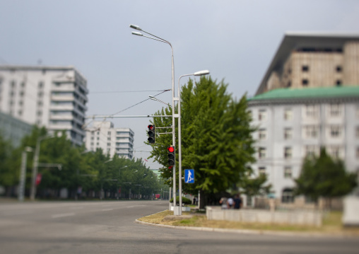 Red traffic light in the street, DGC, Pyongyang, North Korea