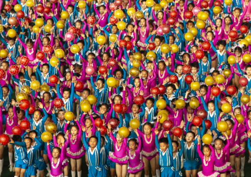 Children gymasts performing with balloons during the Arirang mass games, DGC, Pyongyang, North Korea
