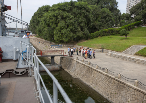 Tourists visiting Uss Pueblo american spy boat on Taedong river, DGC, Pyongyang, North Korea