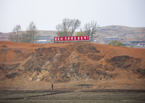 Propaganda billboard in a paddy field, DGC, Pyongyang, North Korea