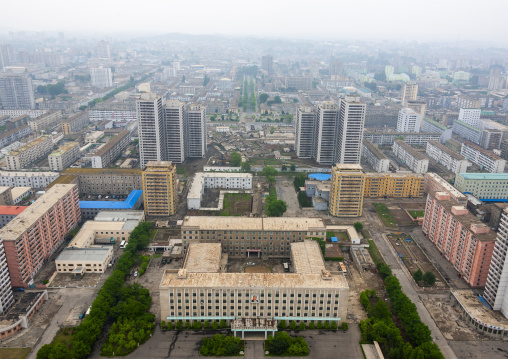 High angle view of buildings in the city center, DGC, Pyongyang, North Korea