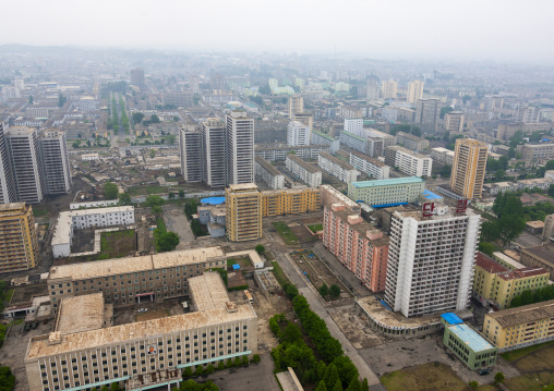 High angle view of buildings in the city center, DGC, Pyongyang, North Korea