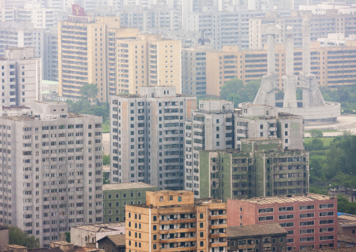 High angle view of buildings in the city center, DGC, Pyongyang, North Korea