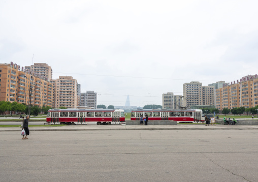 Red tramway in the city, DGC, Pyongyang, North Korea