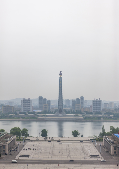 High angle view of Kim il Sung square and Juche tower, DGC, Pyongyang, North Korea