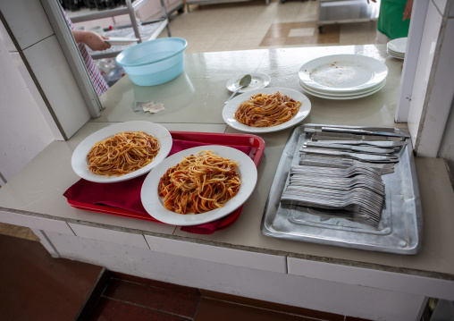 Spaghetti plates in an italian restaurant, DGC, Pyongyang, North Korea