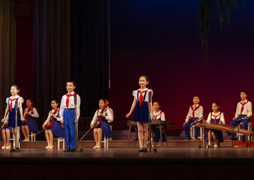 Pioneers singing during a show at Mangyongdae children's palace, DGC, Pyongyang, North Korea