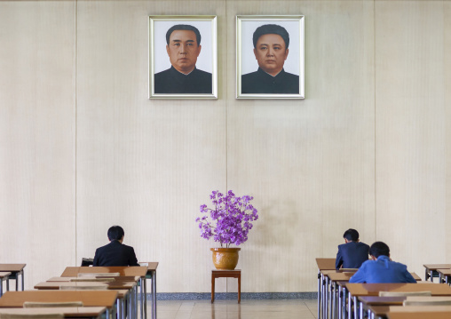 Grand people's study house with portraits of the Leaders, DGC, Pyongyang, North Korea
