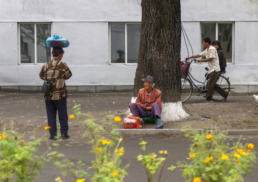 North Korean old woman selling food in the street, Kangwon Province, Wonsan, North Korea