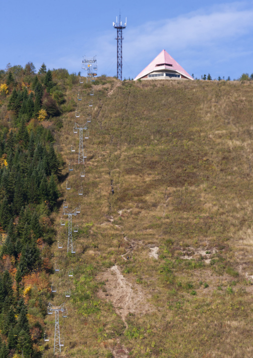 View on Samjiyon hill with skiing slopes in summertime, Ryanggang, Samjiyon, North Korea