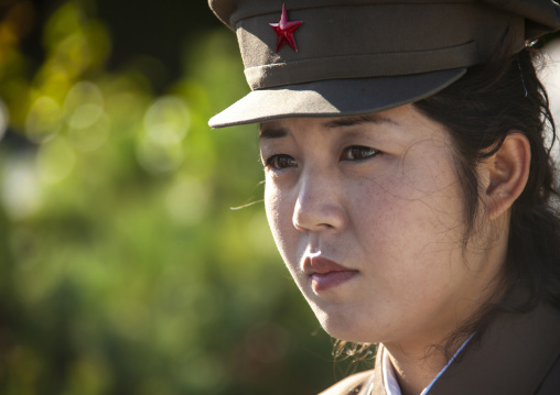 North Korean guide in the Grand monument of lake Samji, Ryanggang, Samjiyon, North Korea