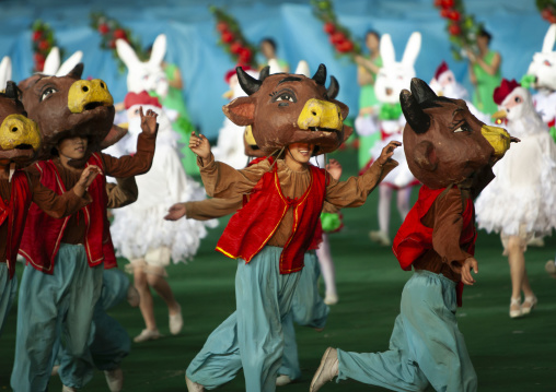 Dancers with animals masks in Arirang mass game, DGC, Pyongyang, North Korea