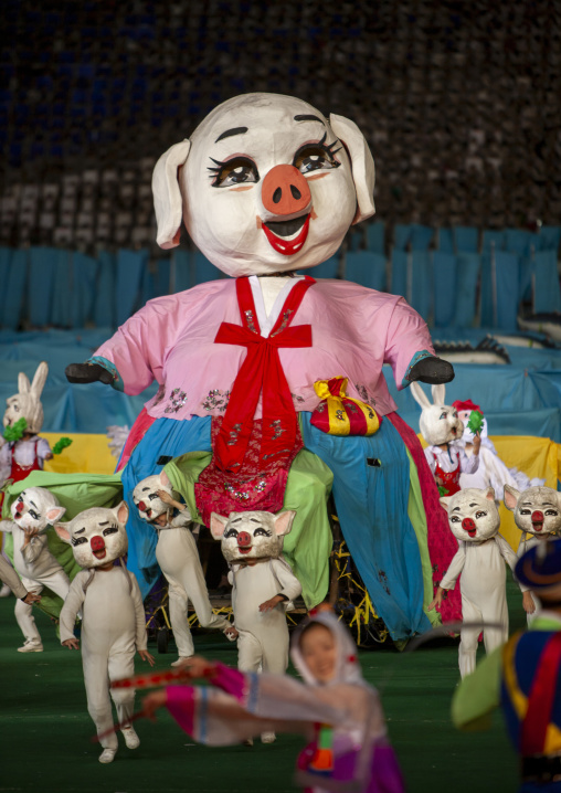 North Korean children performing with a giant pig during the Arirang, DGC, Pyongyang, North Korea