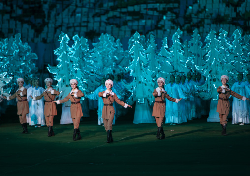 North Korean women dressed as soldier during the Arirang, DGC, Pyongyang, North Korea