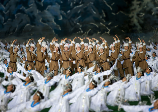 North Korean women dressed as soldier during the Arirang, DGC, Pyongyang, North Korea