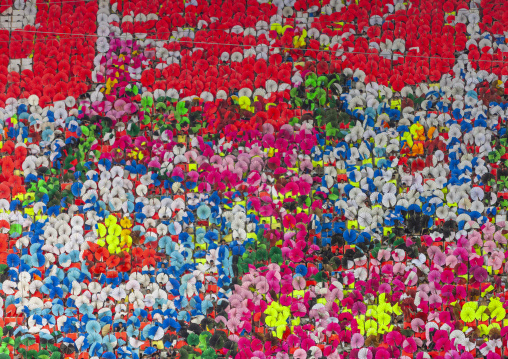 Children holding up boards during Arirang to create flowers, DGC, Pyongyang, North Korea