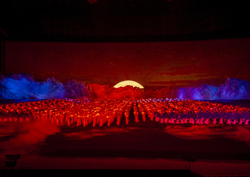 North Korean women dancing in front of Mount Paektu during Arirang, DGC, Pyongyang, North Korea