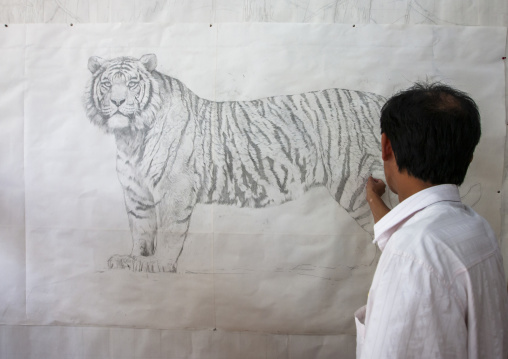 North Korean artist drawing a tiger at Mansudae art studio, DGC, Pyongyang, North Korea