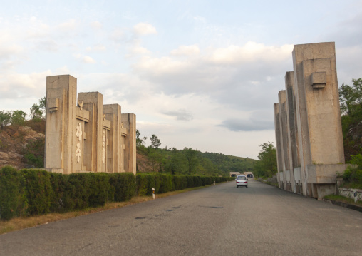 North Korean anti tank invasion concrete blocks on the roadside, North Hwanghae, Kaesong, North Korea