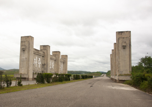 North Korean anti tank invasion concrete blocks on the roadside, North Hwanghae, Kaesong, North Korea
