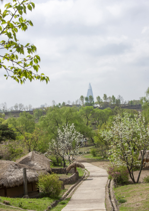Korean set in the Pyongyang film studio with Ryugyong hotel in the back, DGC, Pyongyang, North Korea