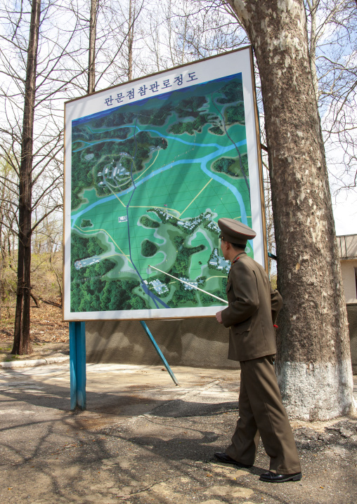 North Korean soldier in front of the map of the DMZ, North Hwanghae, Panmunjom, North Korea